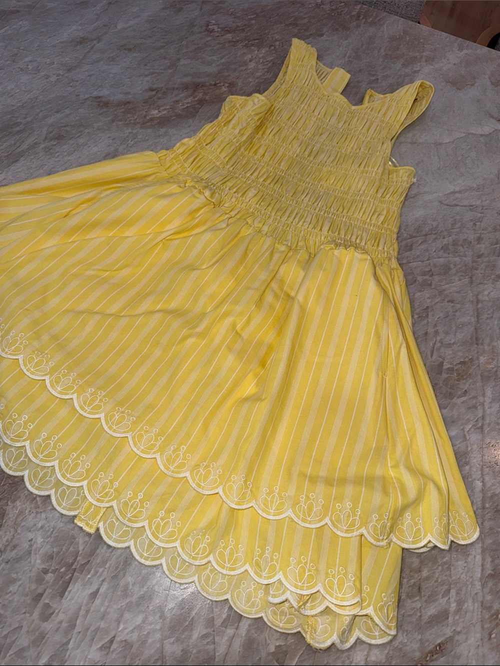 Yellow Striped Smocked Kids Dress with Scalloped Hem